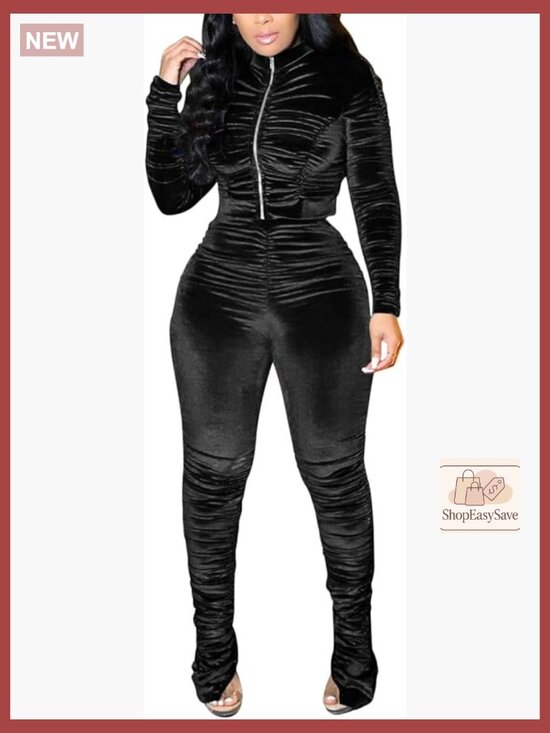 Pants - Velour 2 Piece Track Suit Ruched Zip Up Jacket and Pants Set Y2K Style
